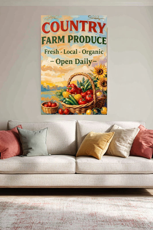 Country Farm Produce Sign | Fresh Local Organic Farm Market Wall Art | Rustic Farmhouse Kitchen Decor | Canvas, Wood, Metal & Giclée Print