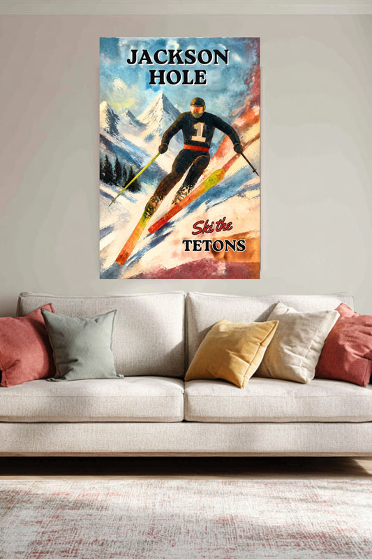 Jackson Hole | Ski the Tetons | Vintage Style Ski Art | Giclée Paper • Wood • Metal • Canvas