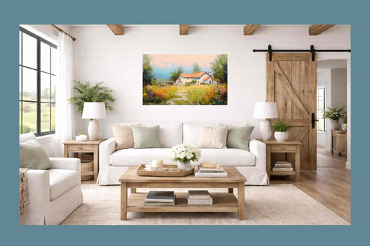 Blue Ridge Wildflower Farm – Impressionist Southern Farmhouse Painting, Wall Art, Giclée on Canvas, Wood, Metal & Fine Art Paper