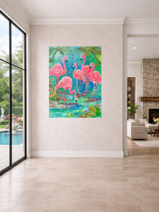 Pink Flamingo Paradise 40 x 60 inches | Original Oil Painting on Gallery-Wrapped Canvas