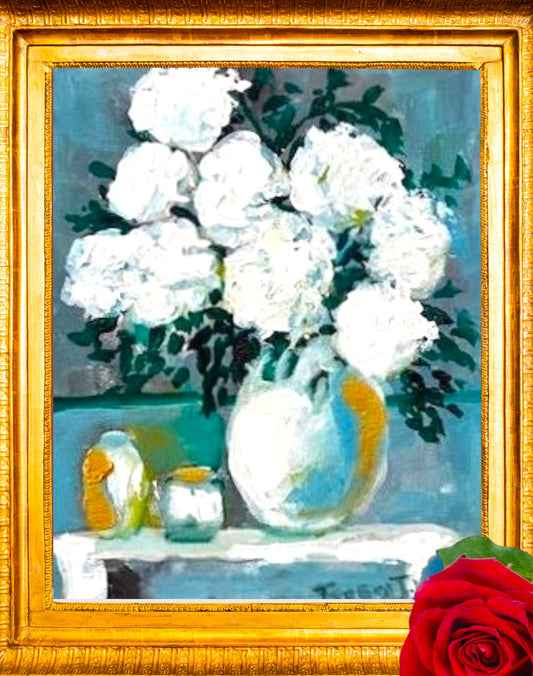 White Hydrangeas Floral Arrangement | Original Acrylic Painting| (8x10x .05-inch) Textured Impressionist Wall Art | Teresa Johnson