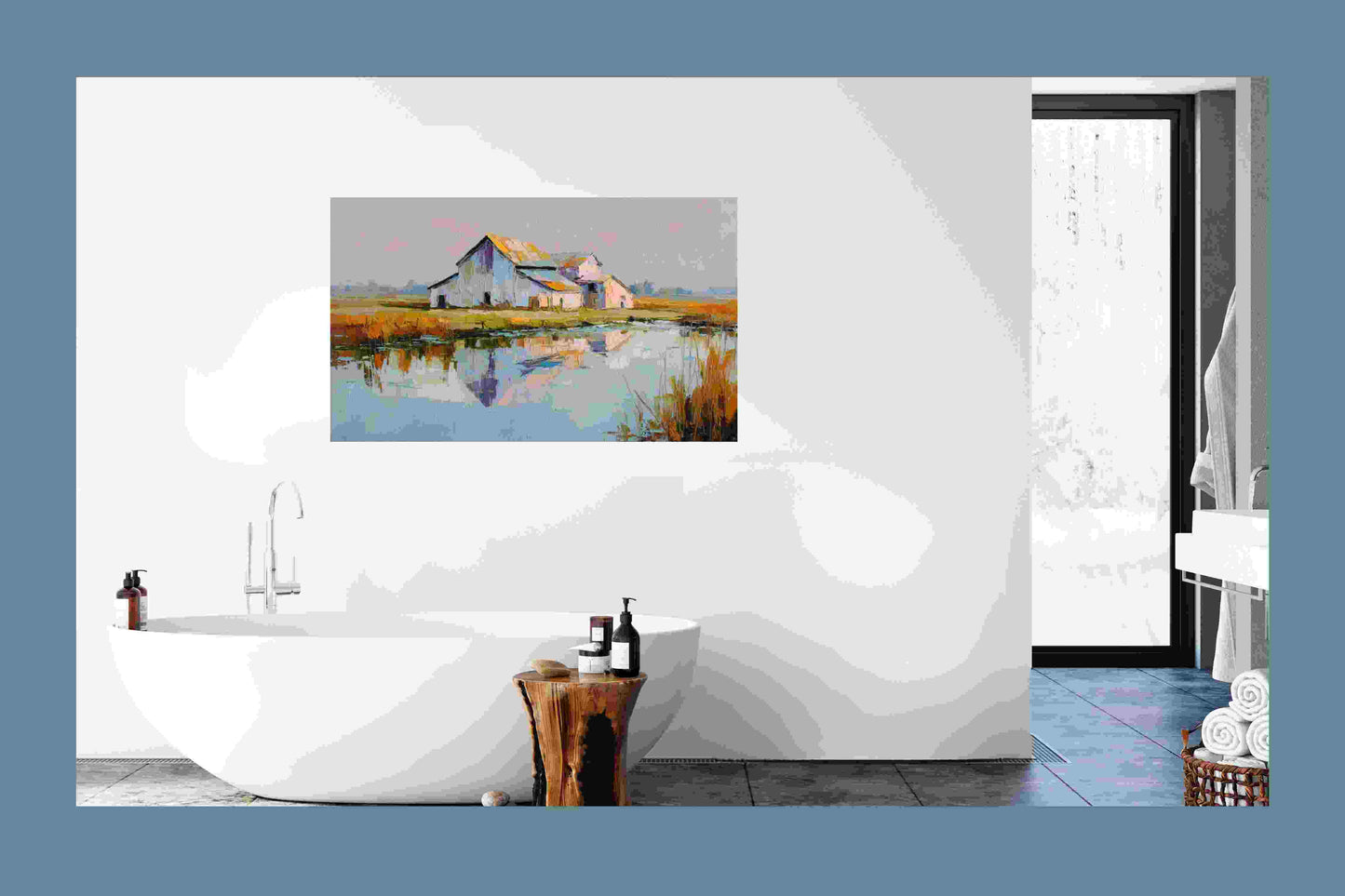 Still Water Farm – Impressionist Barn Reflection Painting, Farmhouse Wall Art, Giclée on Canvas, Wood, Metal & Fine Art Paper