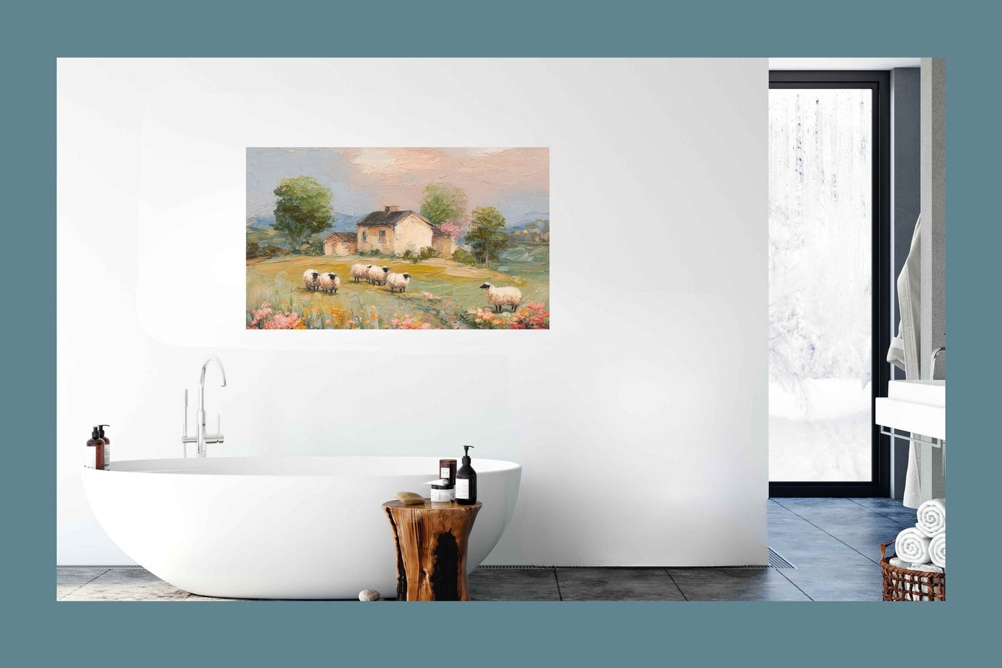 Cotswolds Sheep Farm – Impressionist English Countryside Painting, Sheep & Wildflowers Wall Art, Giclée on Canvas, Wood, Metal & Fine Art Paper