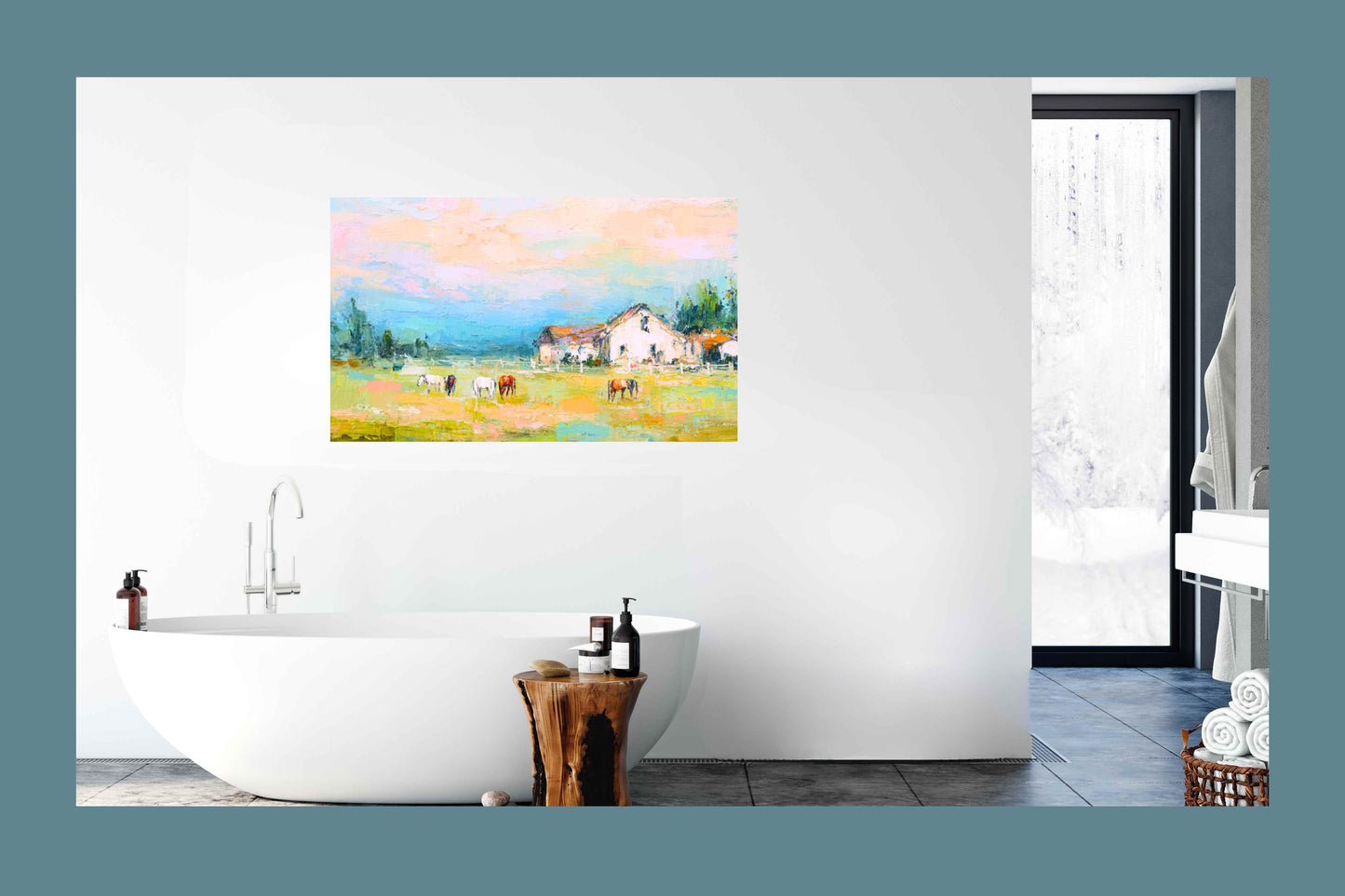 Spring Morning Stables – Pastel Impressionist Horse Farm Print, Equestrian Wall Art, Giclée on Canvas, Wood, Metal & Fine Art Paper