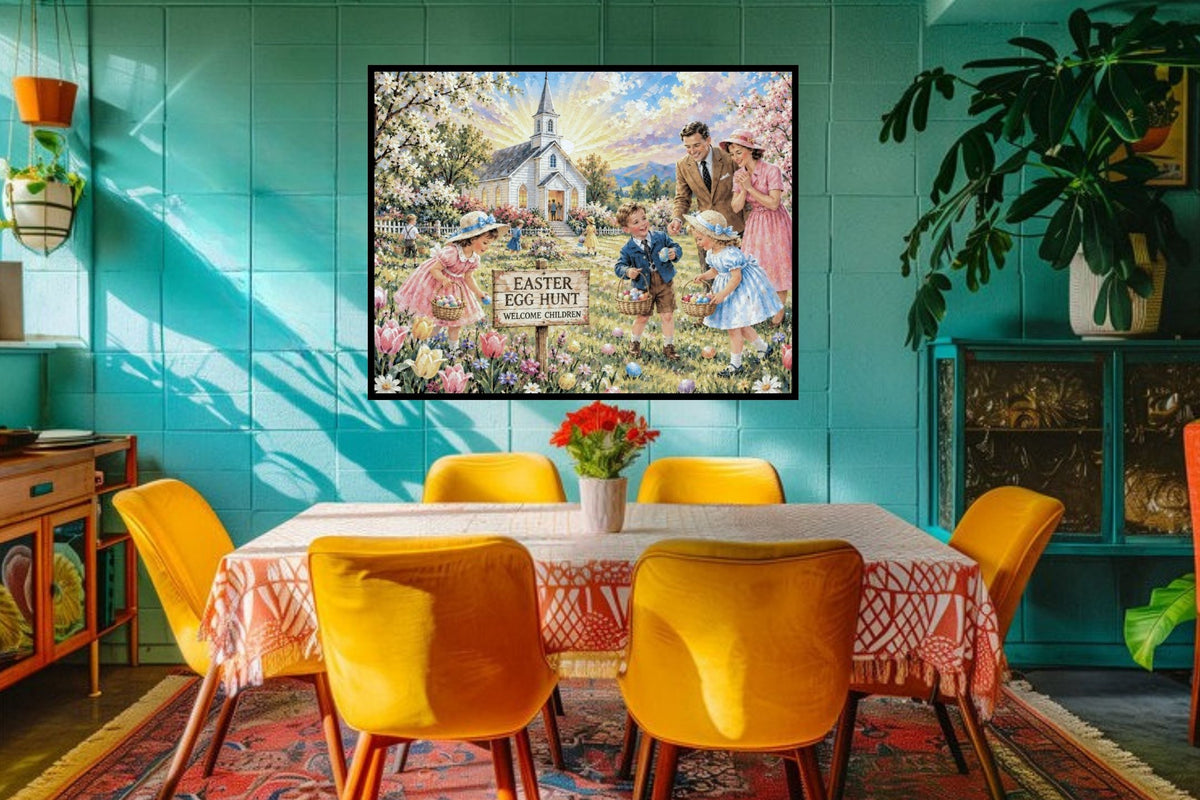 Easter Egg Hunt At the Country Church | Giclee Paper, Prints, Canvas, Wood, or Metal Art