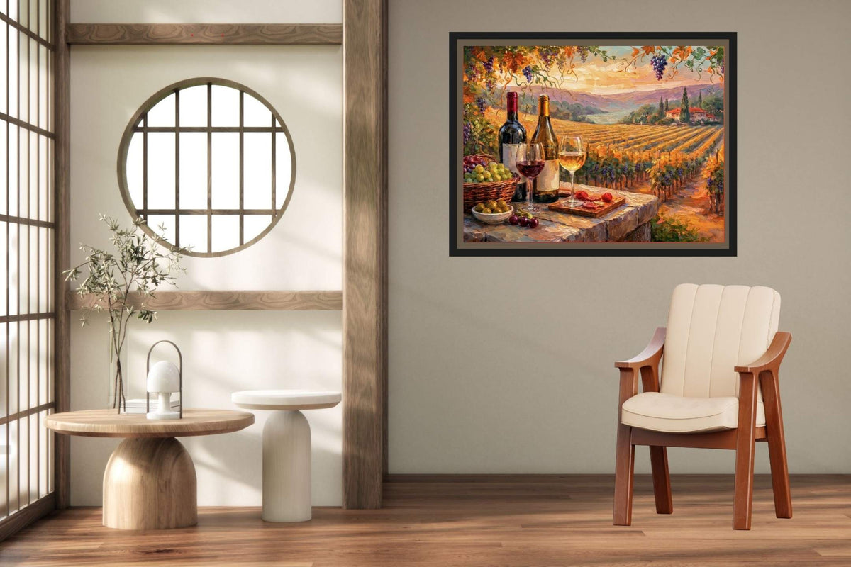 Golden Harvest Vineyard Terrace | Wine Country Sunset Landscape | Impressionist Vineyard Wall Art | Canvas Print | Giclée Paper | Wood & Metal Panels