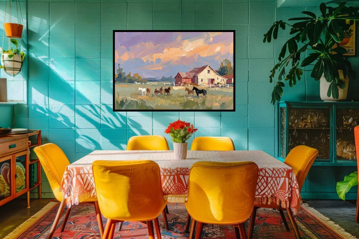 Spring Morning Stables |Pastel Impressionist Print| Horse Farm Print| Equestrian Wall Art| Giclée on Canvas, Wood, Metal, Fine Art Paper