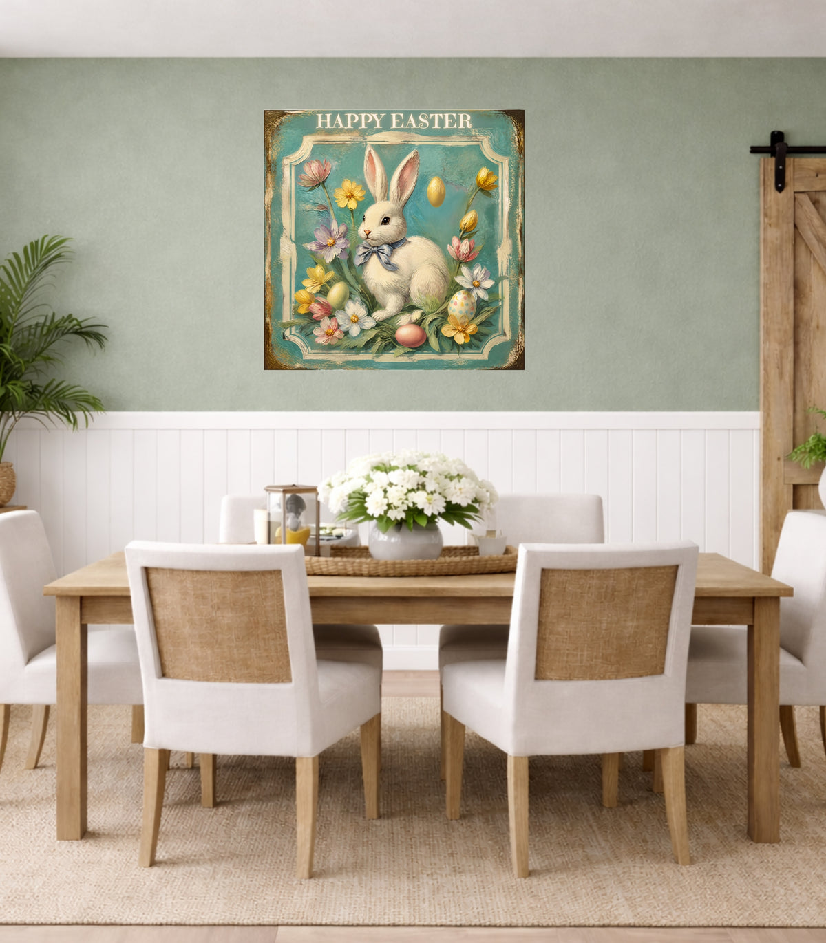Happy Easter Bunny Art| Vintage Style Midcentury Flower Design| Giclee Paper- Wood- Metal- Canvas