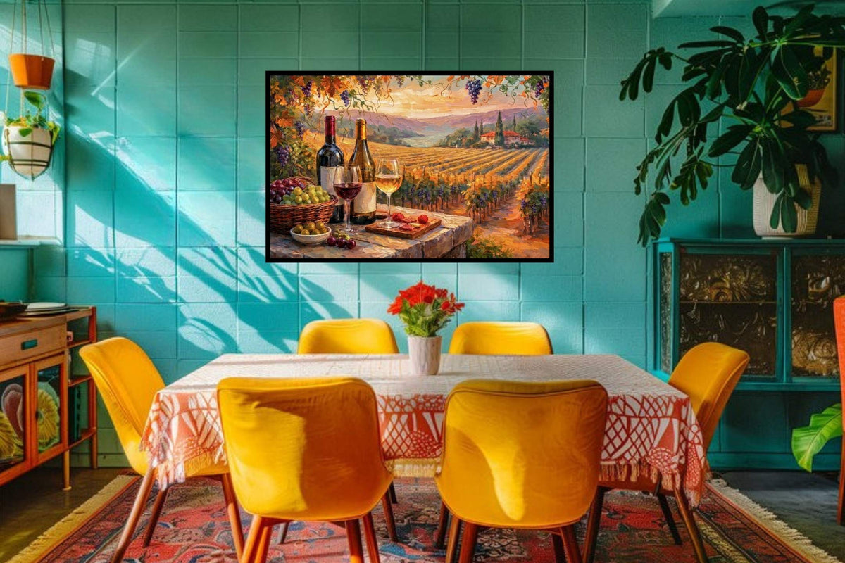 Golden Harvest Vineyard Terrace | Wine Country Sunset Landscape | Impressionist Vineyard Wall Art | Canvas Print | Giclée Paper | Wood & Metal Panels