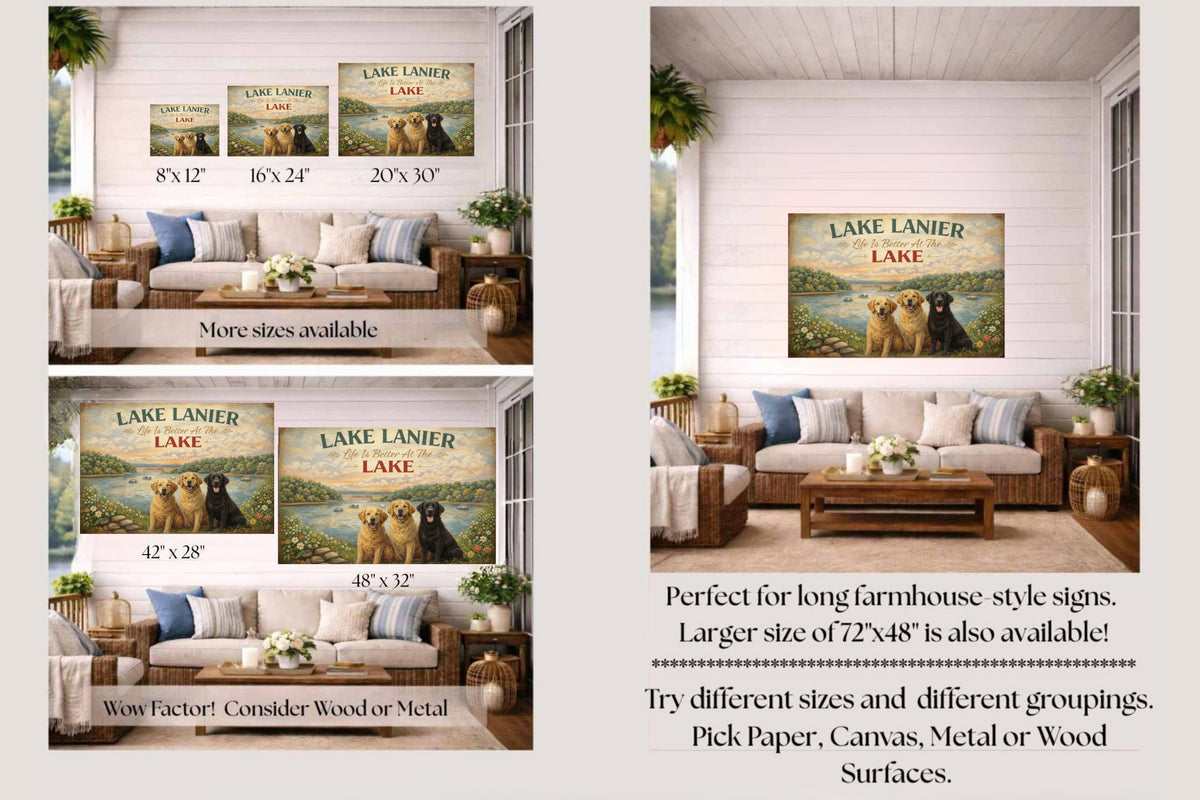 Lake Lanier Sunset with Happy Pups| Buford Dam| Chattahoochee Rivers Art| Giclee Paper- Wood Sign- Metal Sign- Canvas
