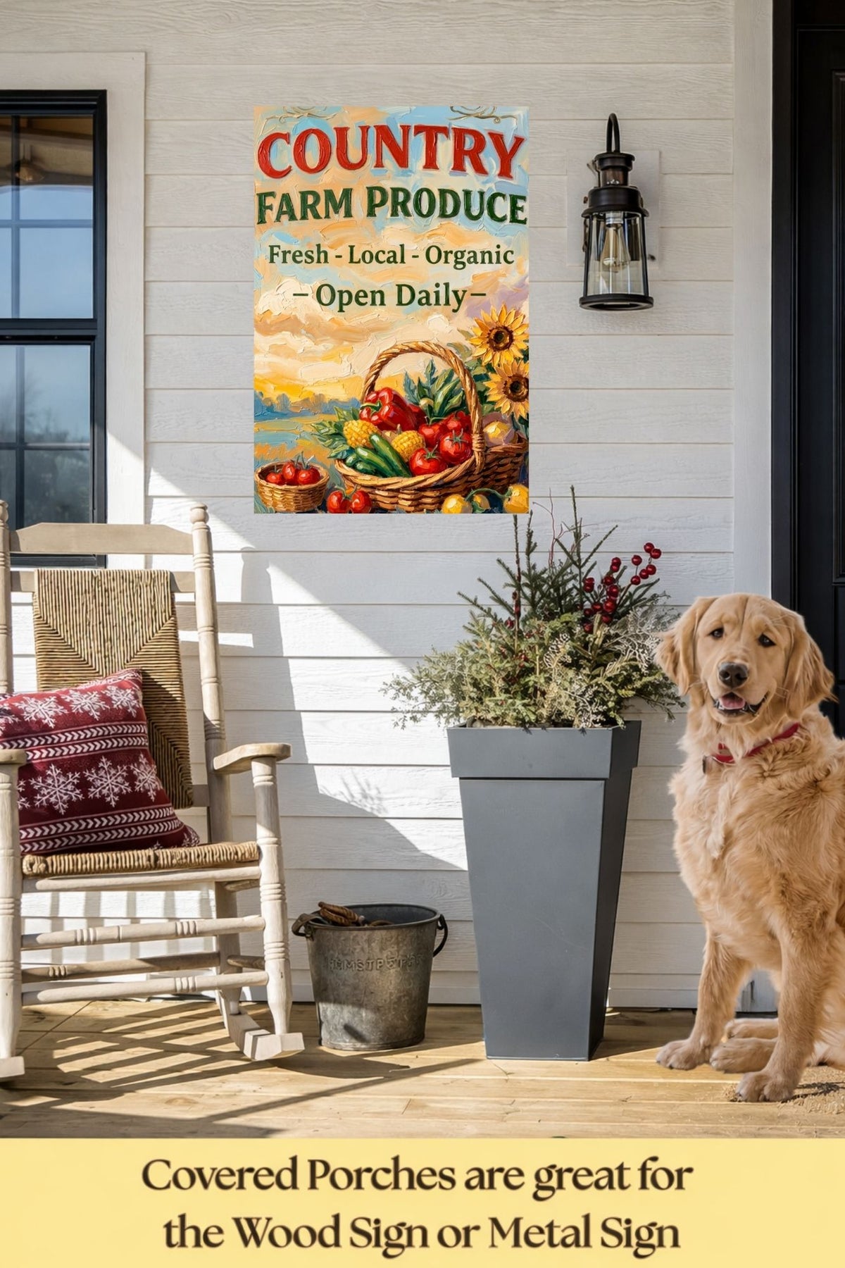 Country Farm Produce Sign | Fresh Local Organic Farm Market Wall Art | Rustic Farmhouse Kitchen Decor | Canvas, Wood, Metal &amp; Giclée Print