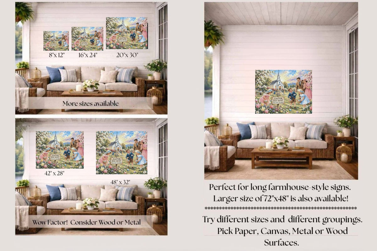 Easter Egg Hunt At the Country Church | Giclee Paper, Prints, Canvas, Wood, or Metal Art