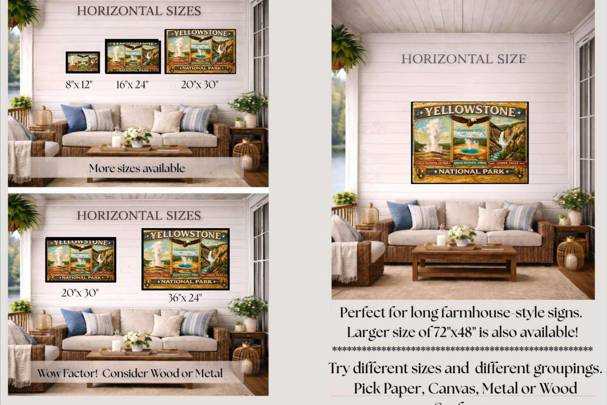 Yellowstone's Iconic Natural Wonders| Vintage Sign Art|  Prints, Canvas, Wood, or Metal Art