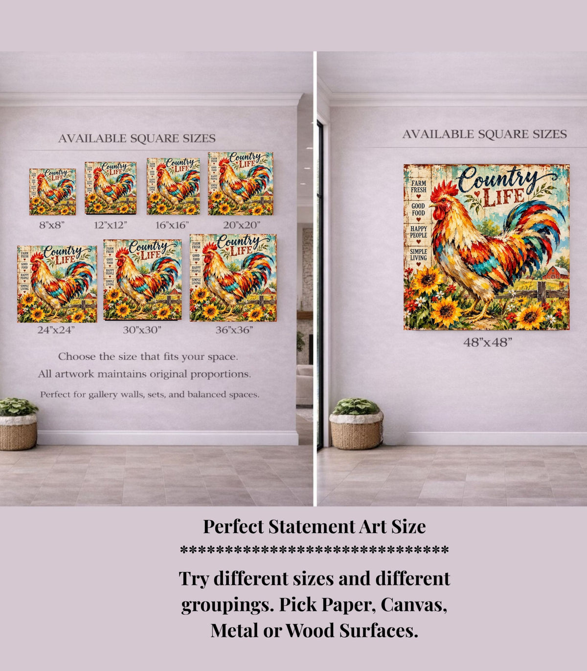 Country Life Rooster | Farm Fresh Country Kitchen Art | Giclée Paper • Wood • Metal • Canvas