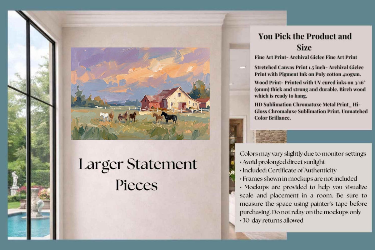 Spring Morning Stables |Pastel Impressionist Print| Horse Farm Print| Equestrian Wall Art| Giclée on Canvas, Wood, Metal, Fine Art Paper