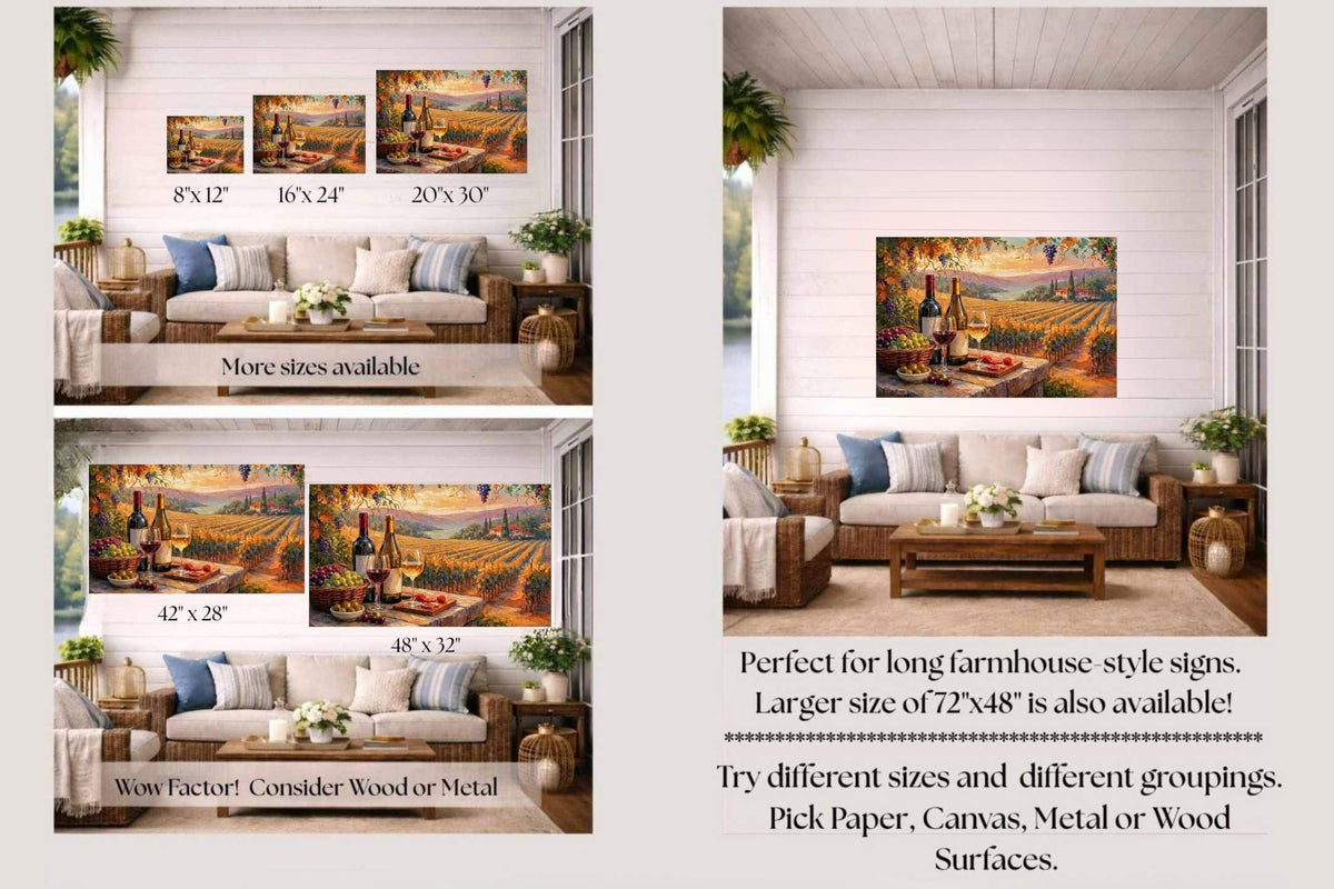 Golden Harvest Vineyard Terrace | Wine Country Sunset Landscape | Impressionist Vineyard Wall Art | Canvas Print | Giclée Paper | Wood & Metal Panels