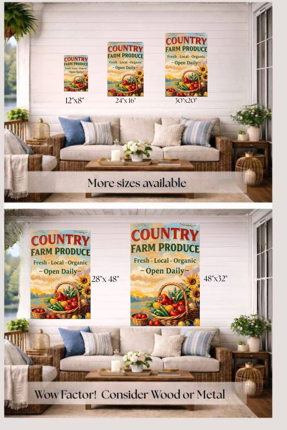 Country Farm Produce Sign | Fresh Local Organic Farm Market Wall Art | Rustic Farmhouse Kitchen Decor | Canvas, Wood, Metal &amp; Giclée Print