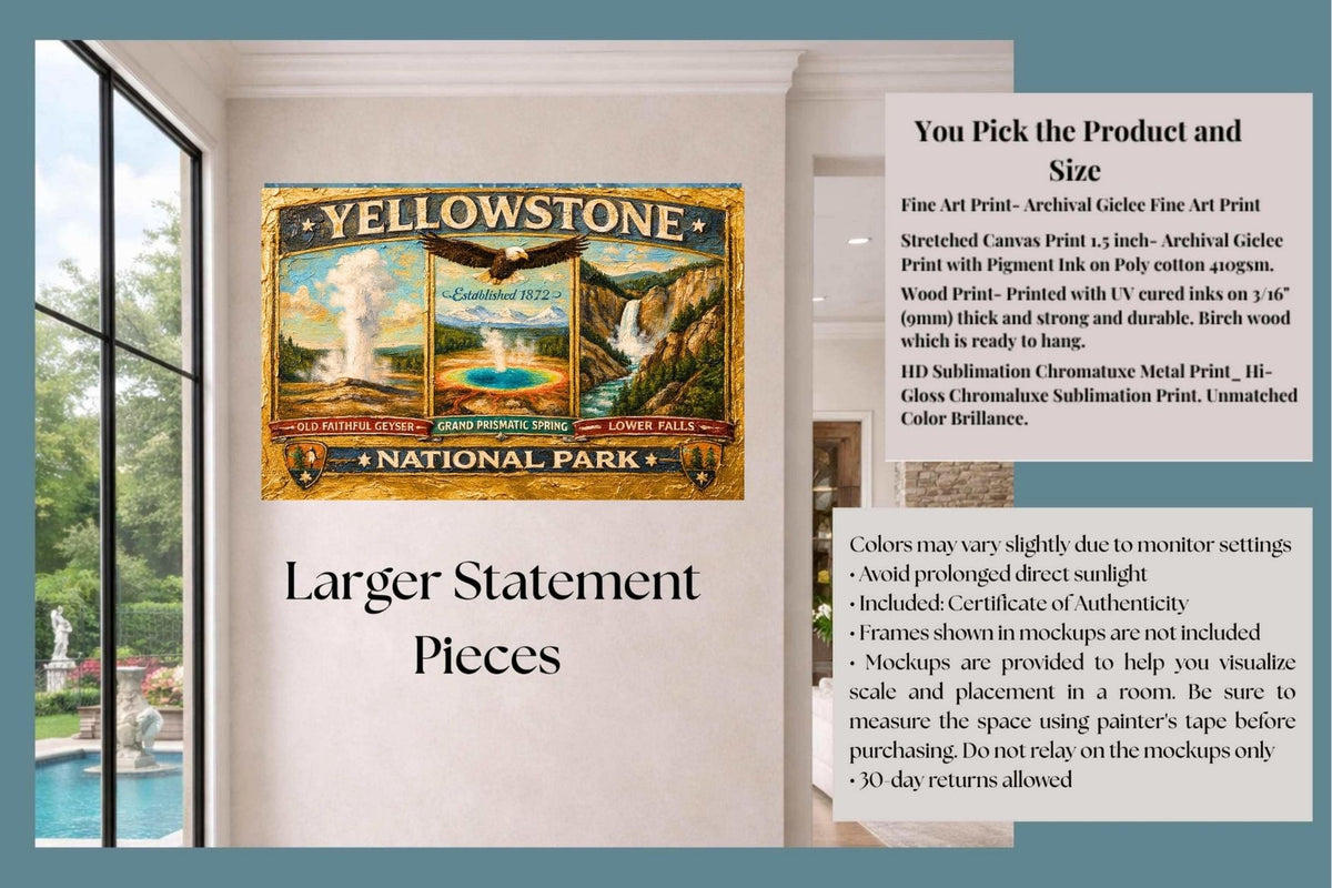 Yellowstone's Iconic Natural Wonders| Vintage Sign Art|  Prints, Canvas, Wood, or Metal Art