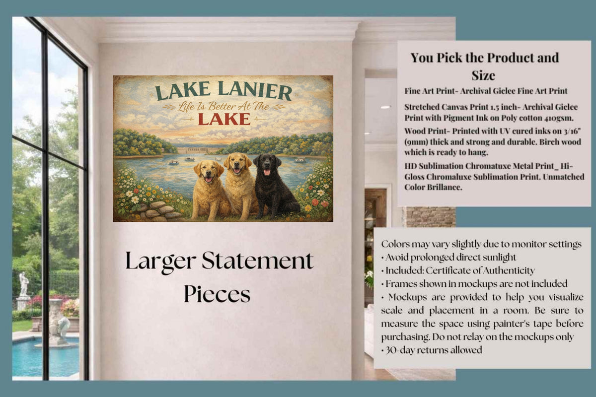 Lake Lanier Sunset with Happy Pups| Buford Dam| Chattahoochee Rivers Art| Giclee Paper- Wood Sign- Metal Sign- Canvas