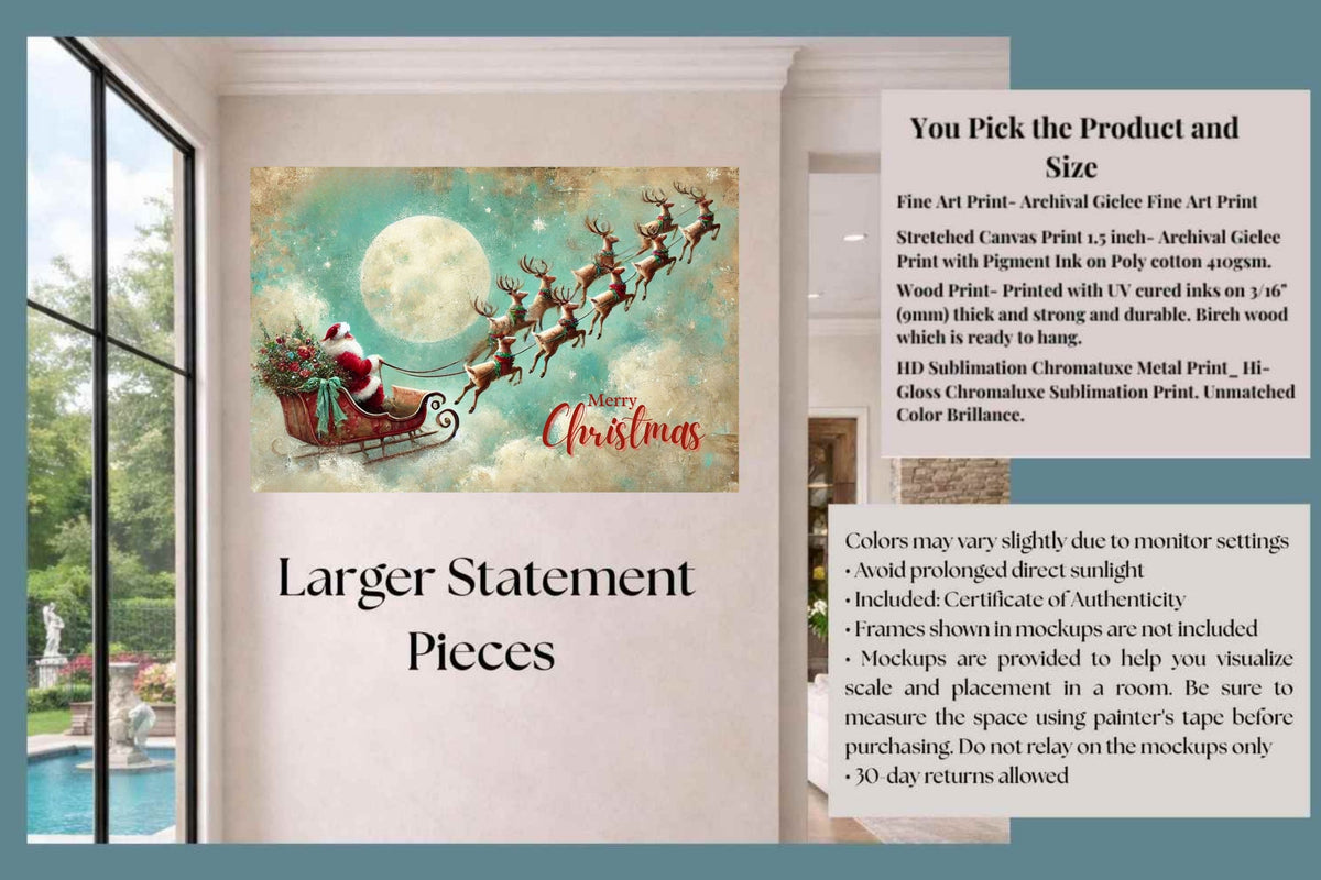 Merry Christmas to All| Santa in his Sleigh Holiday art| Prints and Canvas-Giclee Paper- Wood- Metal