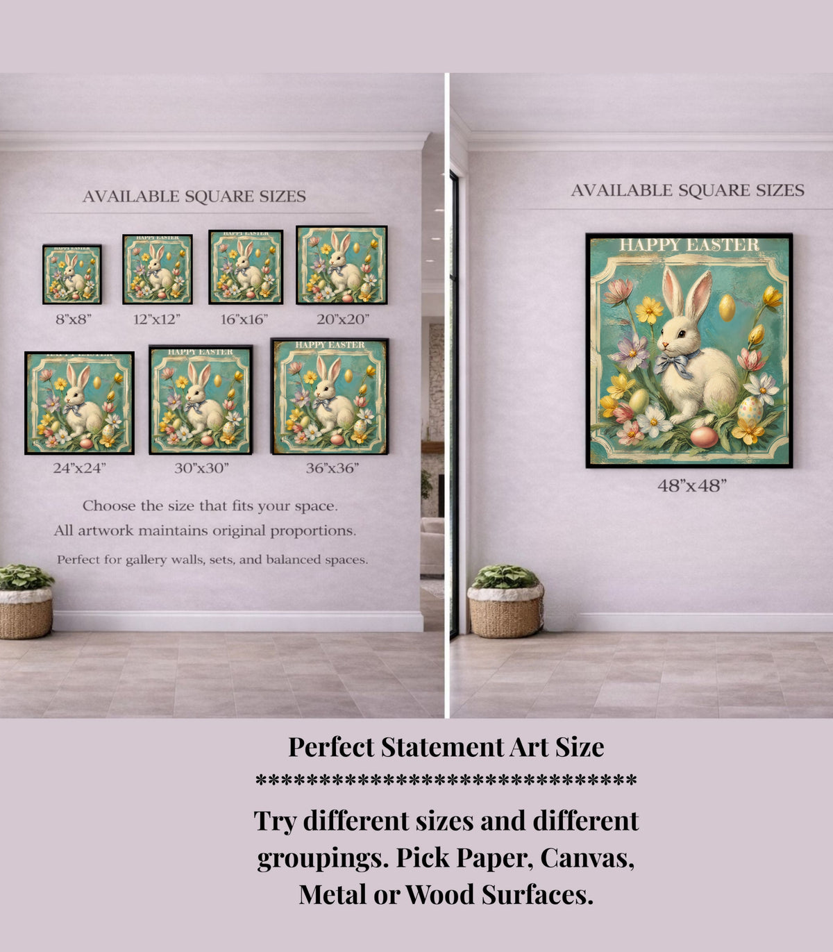 Happy Easter Bunny Art| Vintage Style Midcentury Flower Design| Giclee Paper- Wood- Metal- Canvas