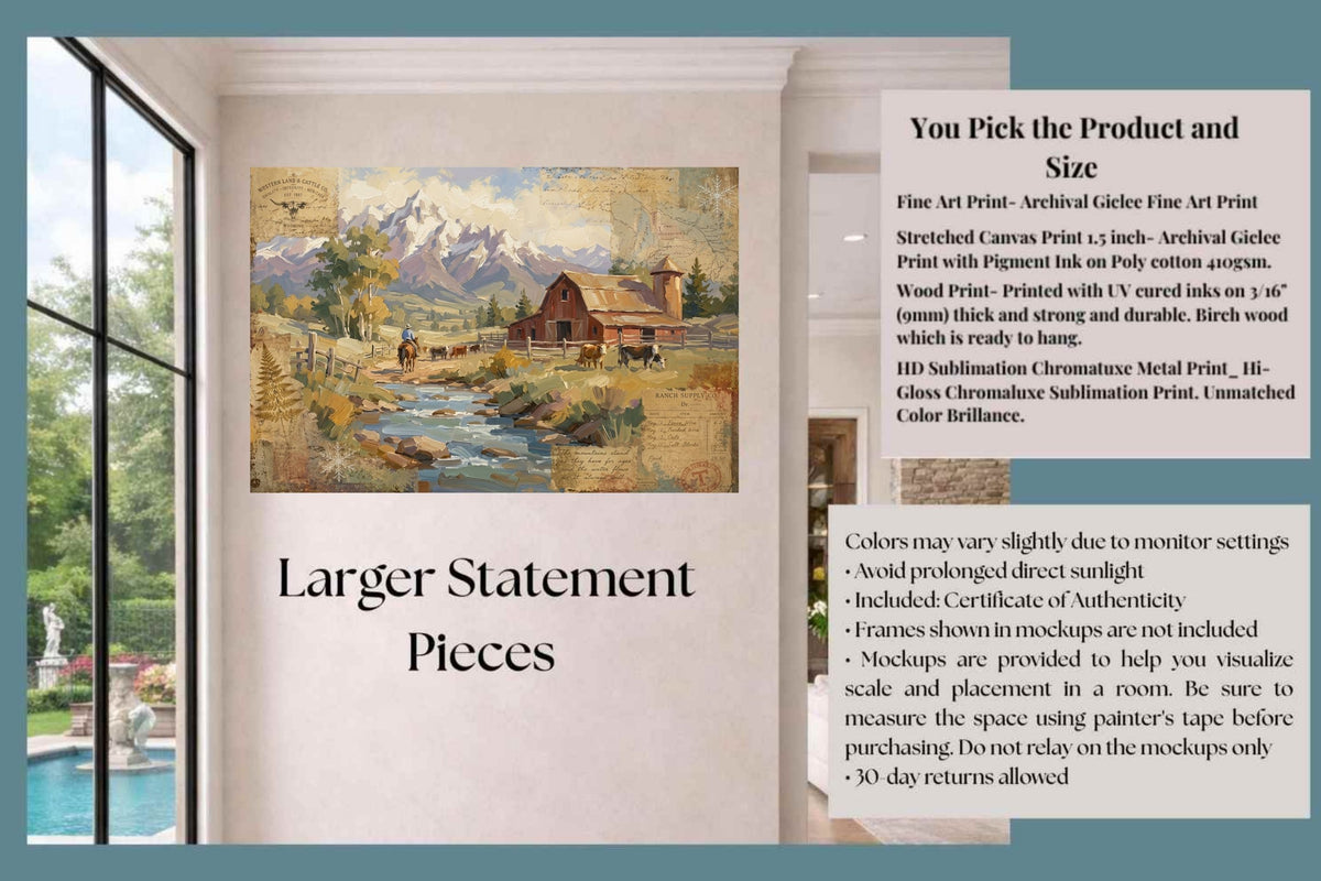 Rancher's Retreat| Rustic Ranch & Mountain Landscape Print | Western Farmhouse Giclée Print on Paper, Canvas, Wood & Metal