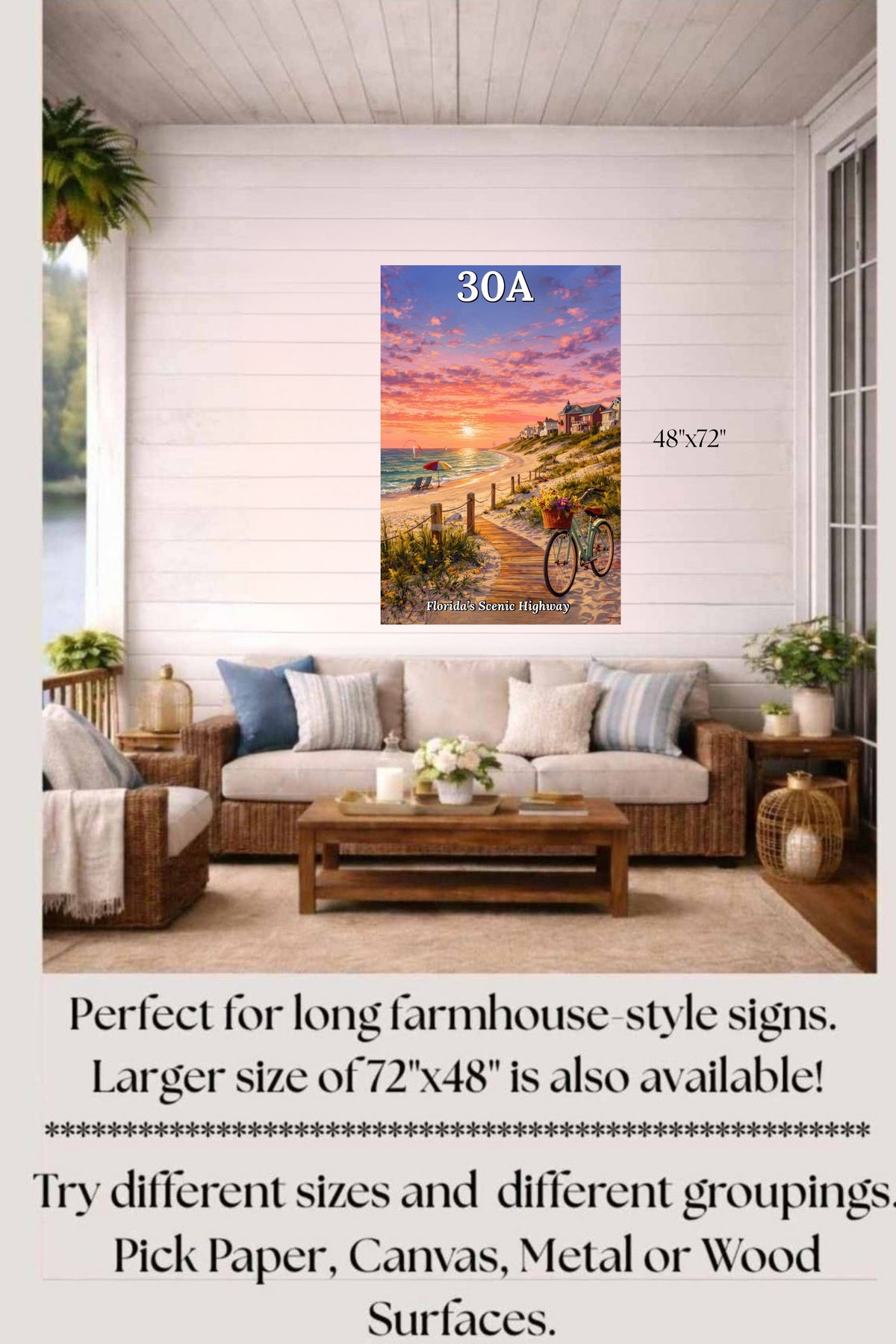 Bicycle Ride Along Florida 30A| Beach and Sunset Art| Travel Poster| Giclee Paper- Wood- Metal- Canvas