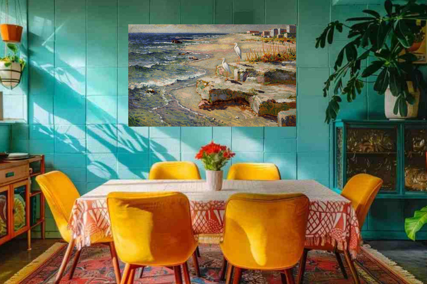 Coastal Herons – Impressionist Beach Painting, Shorebirds at the Surf, Coastal Wall Art, Giclée on Canvas, Wood, Metal & Fine Art Paper