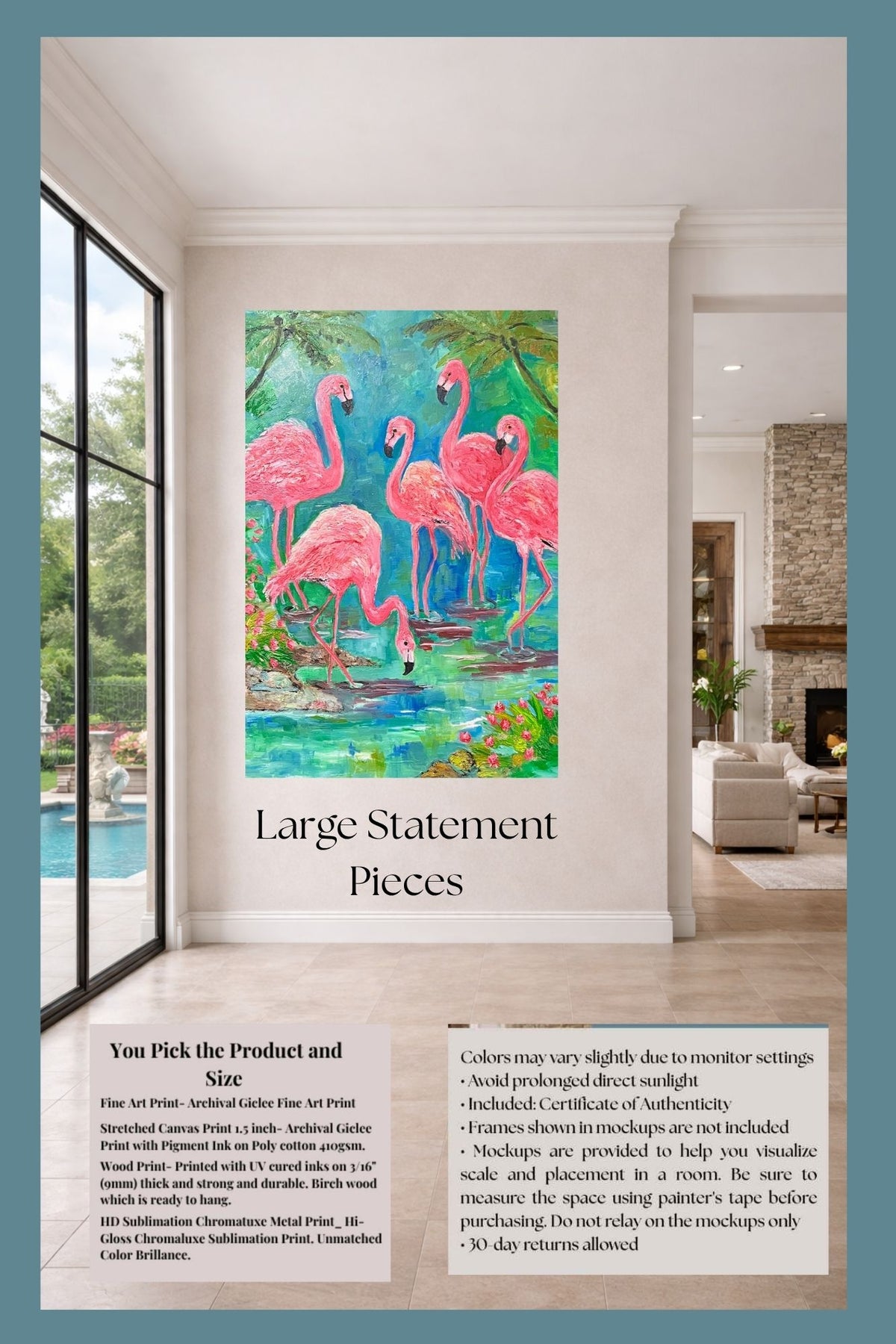 Pink Flamingo Paradise|Tropical Birds| Giclee Paper- Wood- Metal- Canvas