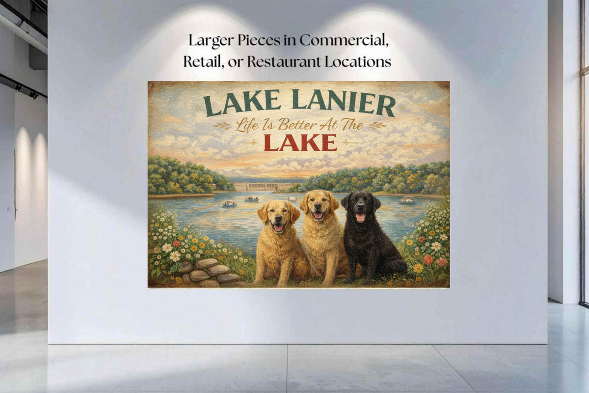 Lake Lanier Sunset with Happy Pups| Buford Dam| Chattahoochee Rivers Art| Giclee Paper- Wood Sign- Metal Sign- Canvas