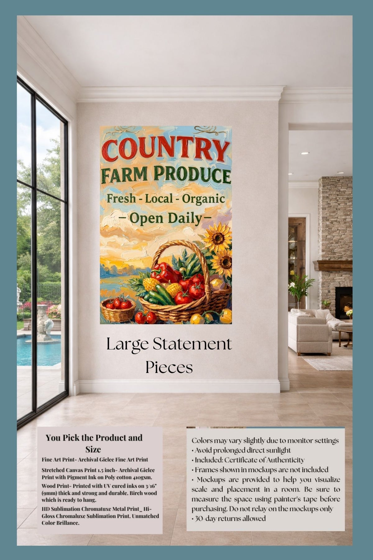 Country Farm Produce Sign | Fresh Local Organic Farm Market Wall Art | Rustic Farmhouse Kitchen Decor | Canvas, Wood, Metal &amp; Giclée Print