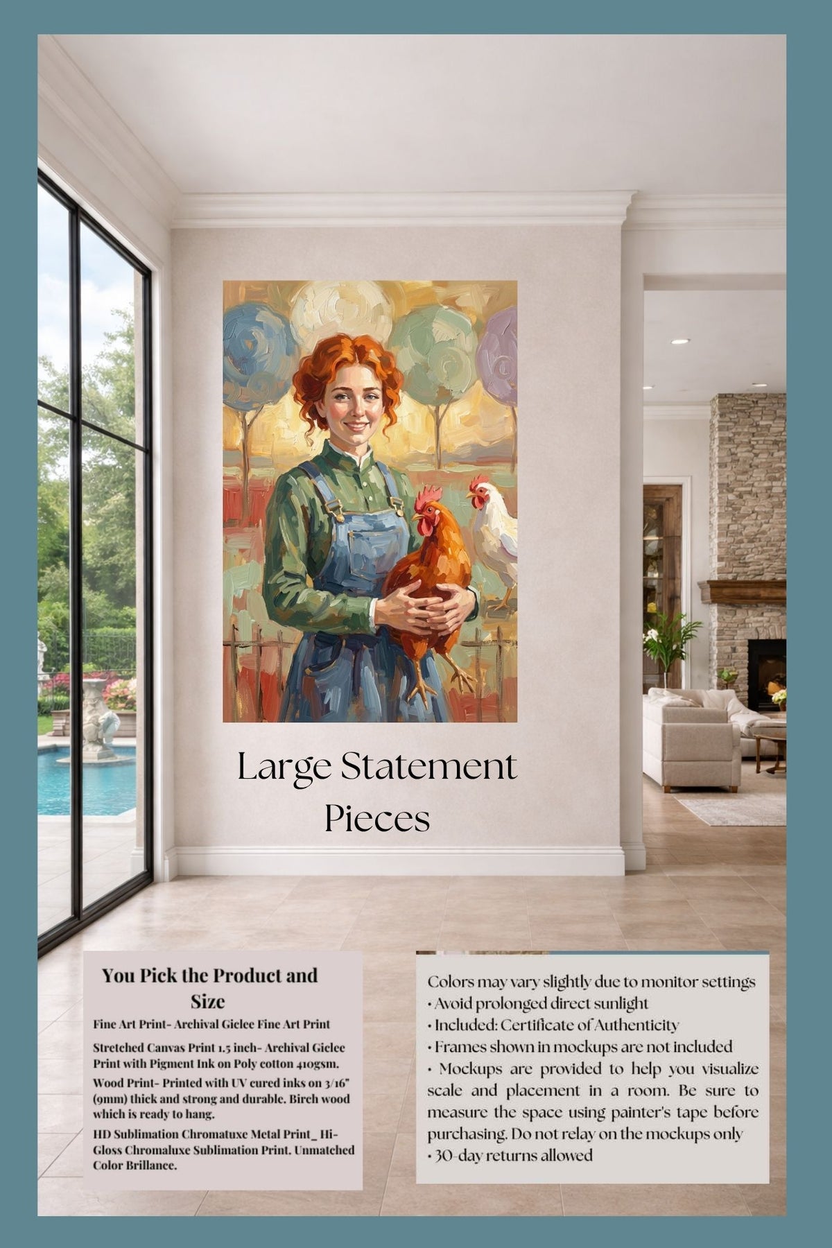 Modern Farm Woman| Farm-Chicken Art| Giclee Paper- Wood- Metal- Canvas
