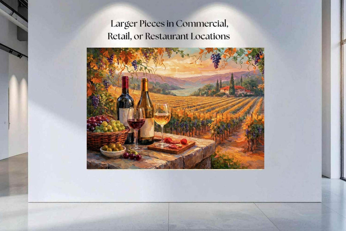 Golden Harvest Vineyard Terrace | Wine Country Sunset Landscape | Impressionist Vineyard Wall Art | Canvas Print | Giclée Paper | Wood & Metal Panels