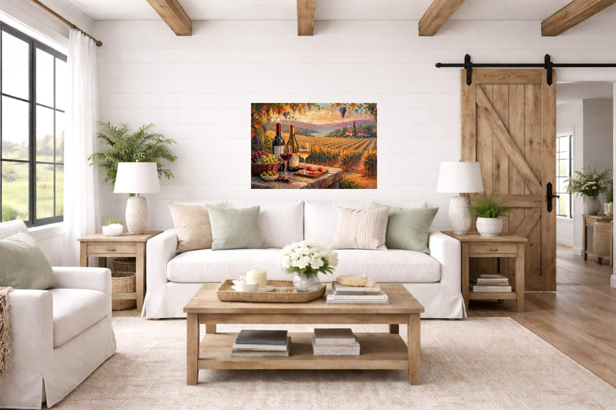 Golden Harvest Vineyard Terrace | Wine Country Sunset Landscape | Impressionist Vineyard Wall Art | Canvas Print | Giclée Paper | Wood & Metal Panels