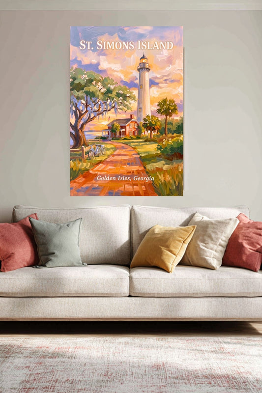 St. Simons Island Lighthouse Scene| Lighthouse Print| Travel Poster|  Giclee Paper- Wood- Metal- Canvas