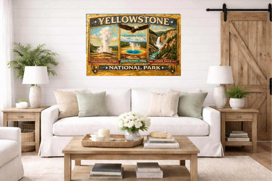 Yellowstone's Iconic Natural Wonders| Vintage Sign Art|  Prints, Canvas, Wood, or Metal Art