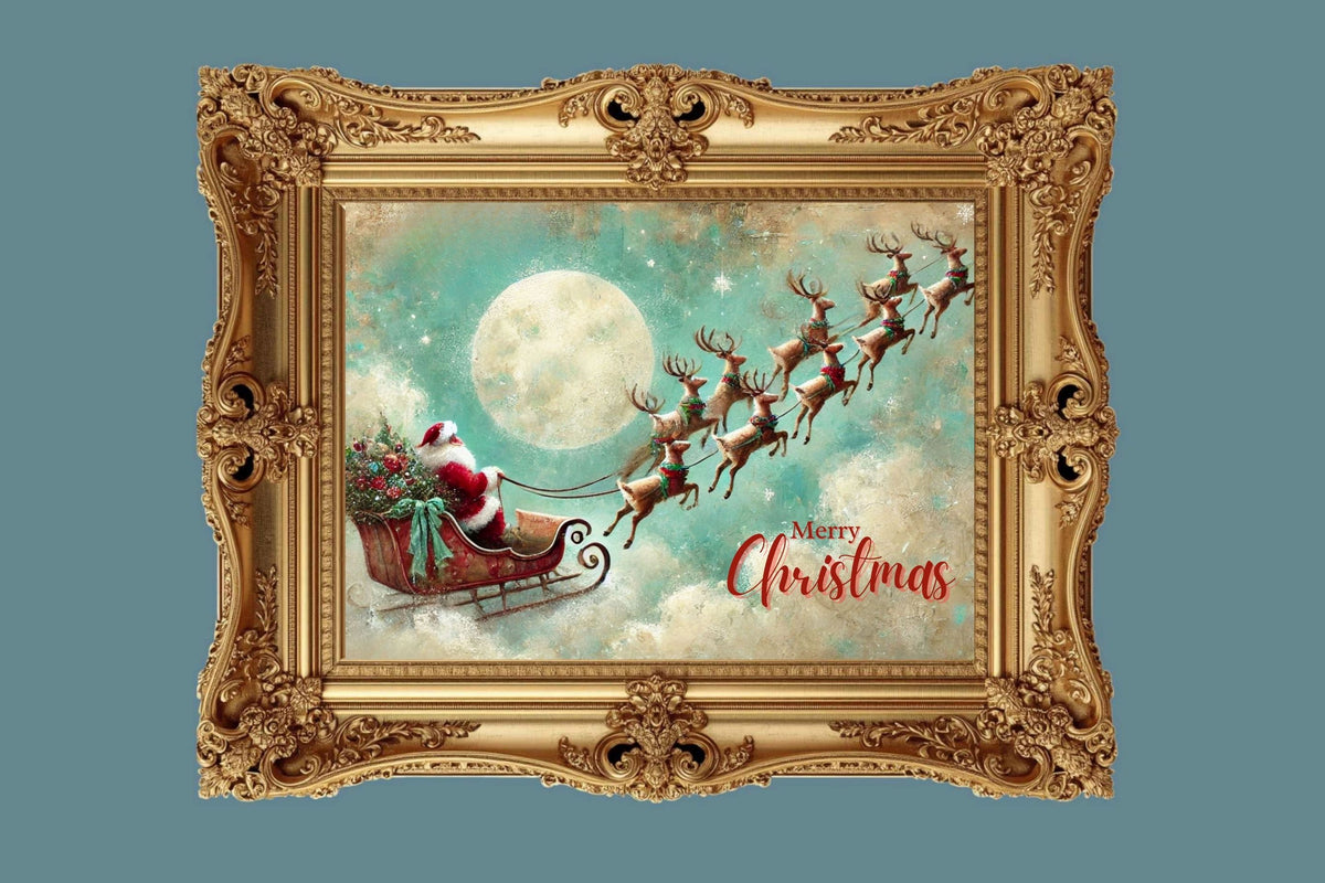 Merry Christmas to All| Santa in his Sleigh Holiday art| Prints and Canvas-Giclee Paper- Wood- Metal