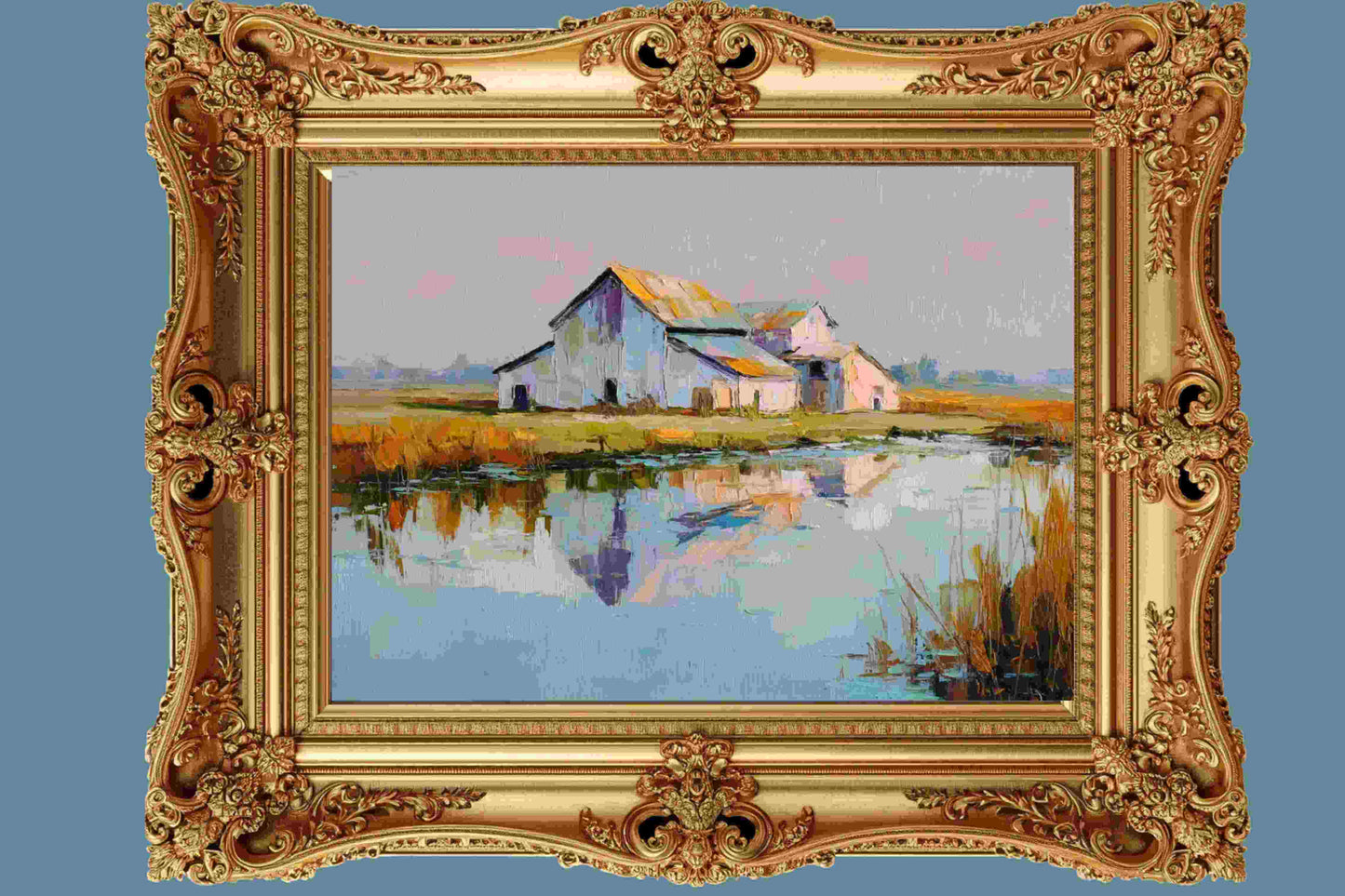Still Water Farm – Impressionist Barn Reflection Painting, Farmhouse Wall Art, Giclée on Canvas, Wood, Metal & Fine Art Paper