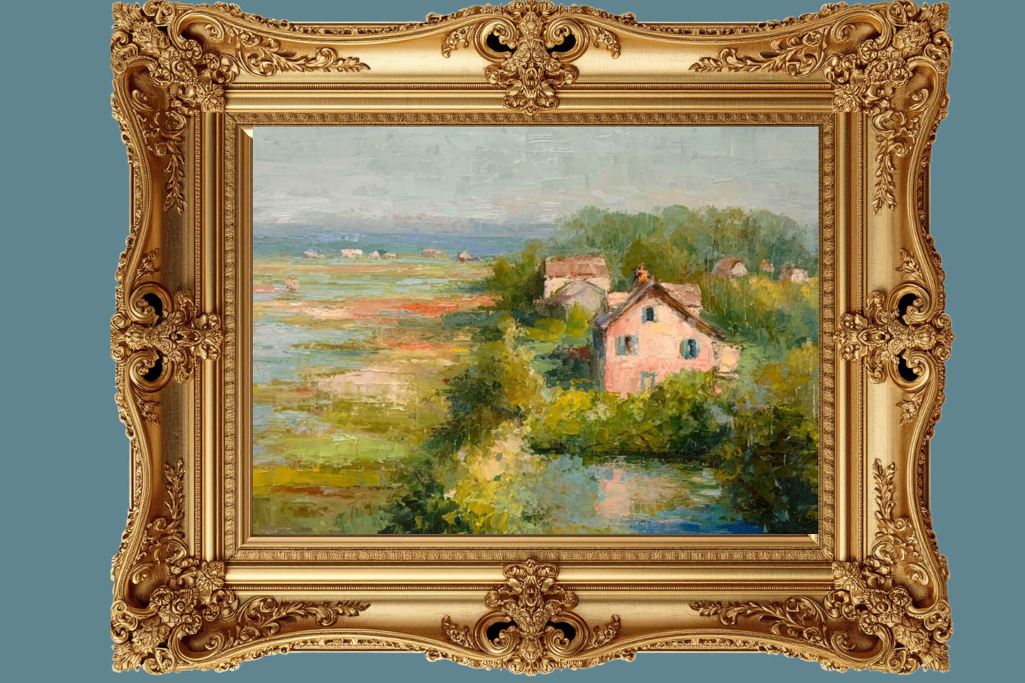 The Pink Cottage – Impressionist Marsh Cottage Painting, Coastal Wall Art, Romantic Cottage Print, Giclée on Canvas, Wood, Metal & Fine Art Paper