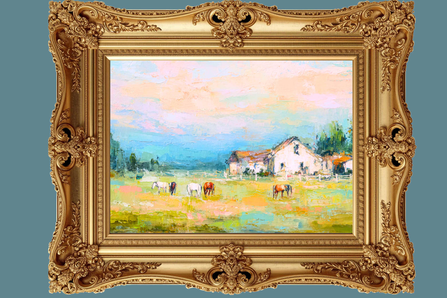 Spring Morning Stables – Pastel Impressionist Horse Farm Print, Equestrian Wall Art, Giclée on Canvas, Wood, Metal & Fine Art Paper