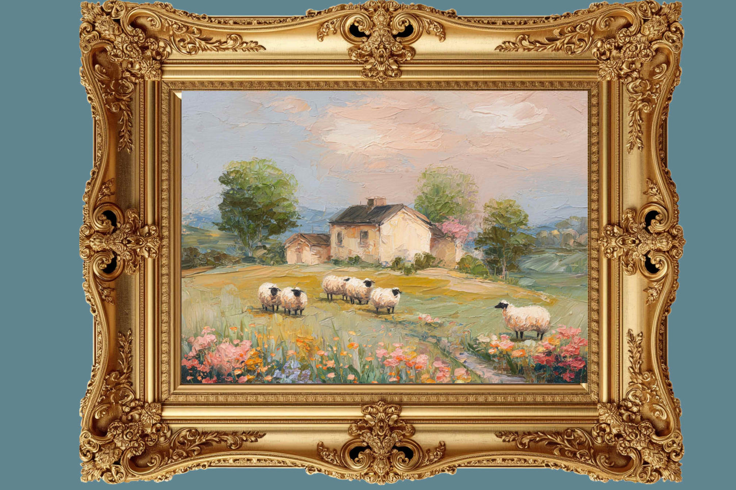 Cotswolds Sheep Farm – Impressionist English Countryside Painting, Sheep & Wildflowers Wall Art, Giclée on Canvas, Wood, Metal & Fine Art Paper