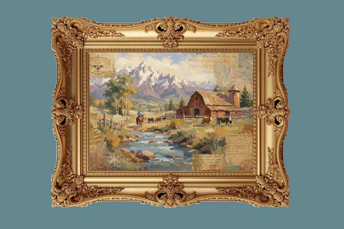 Rancher's Retreat| Rustic Ranch & Mountain Landscape Print | Western Farmhouse Giclée Print on Paper, Canvas, Wood & Metal