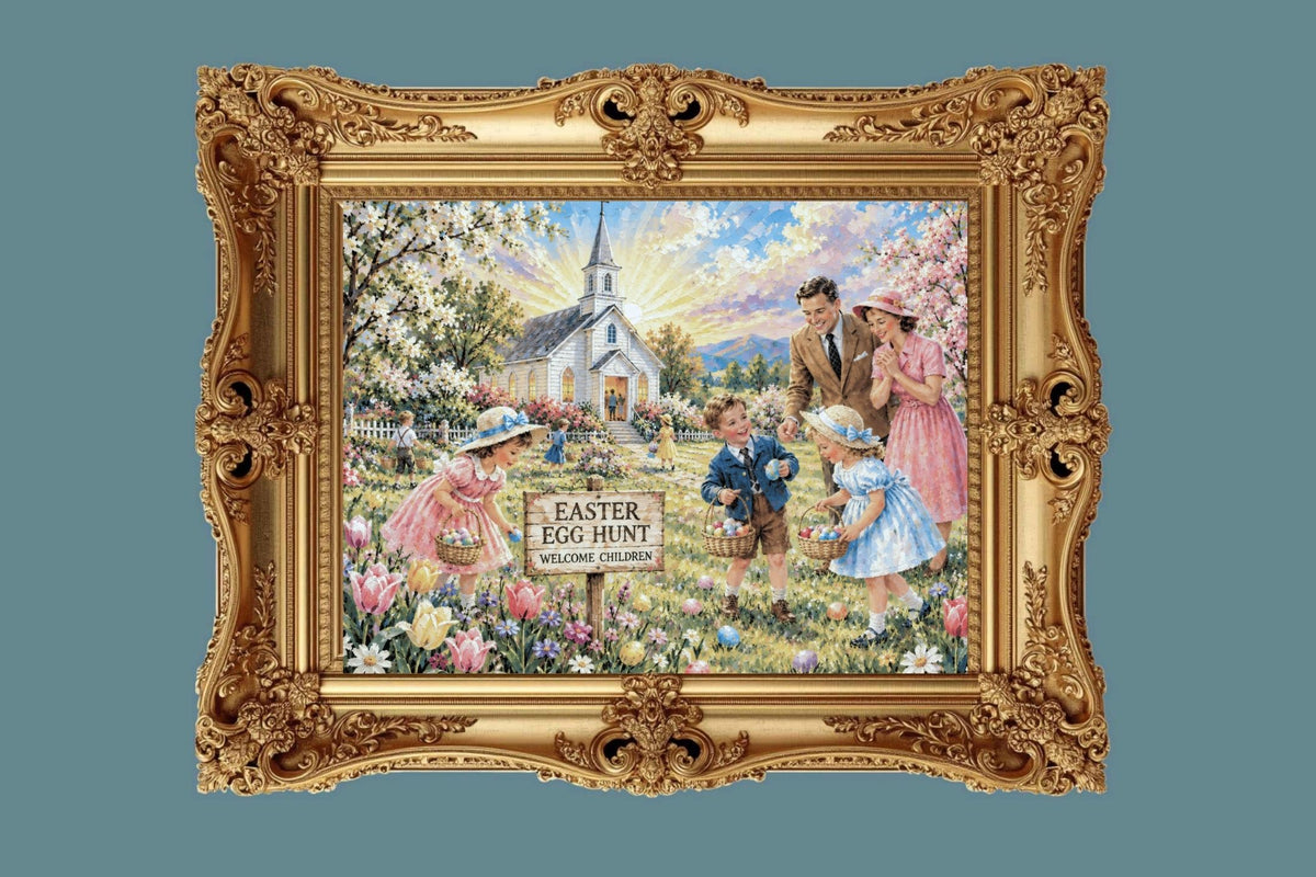 Easter Egg Hunt At the Country Church | Giclee Paper, Prints, Canvas, Wood, or Metal Art
