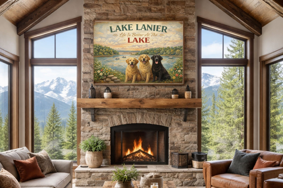 Lake Lanier Sunset with Happy Pups| Buford Dam| Chattahoochee Rivers Art| Giclee Paper- Wood Sign- Metal Sign- Canvas