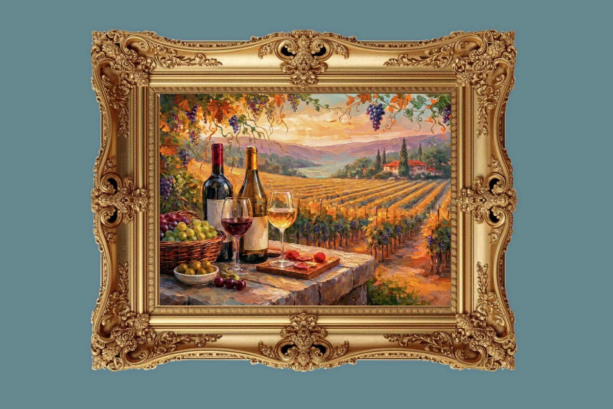 Golden Harvest Vineyard Terrace | Wine Country Sunset Landscape | Impressionist Vineyard Wall Art | Canvas Print | Giclée Paper | Wood & Metal Panels