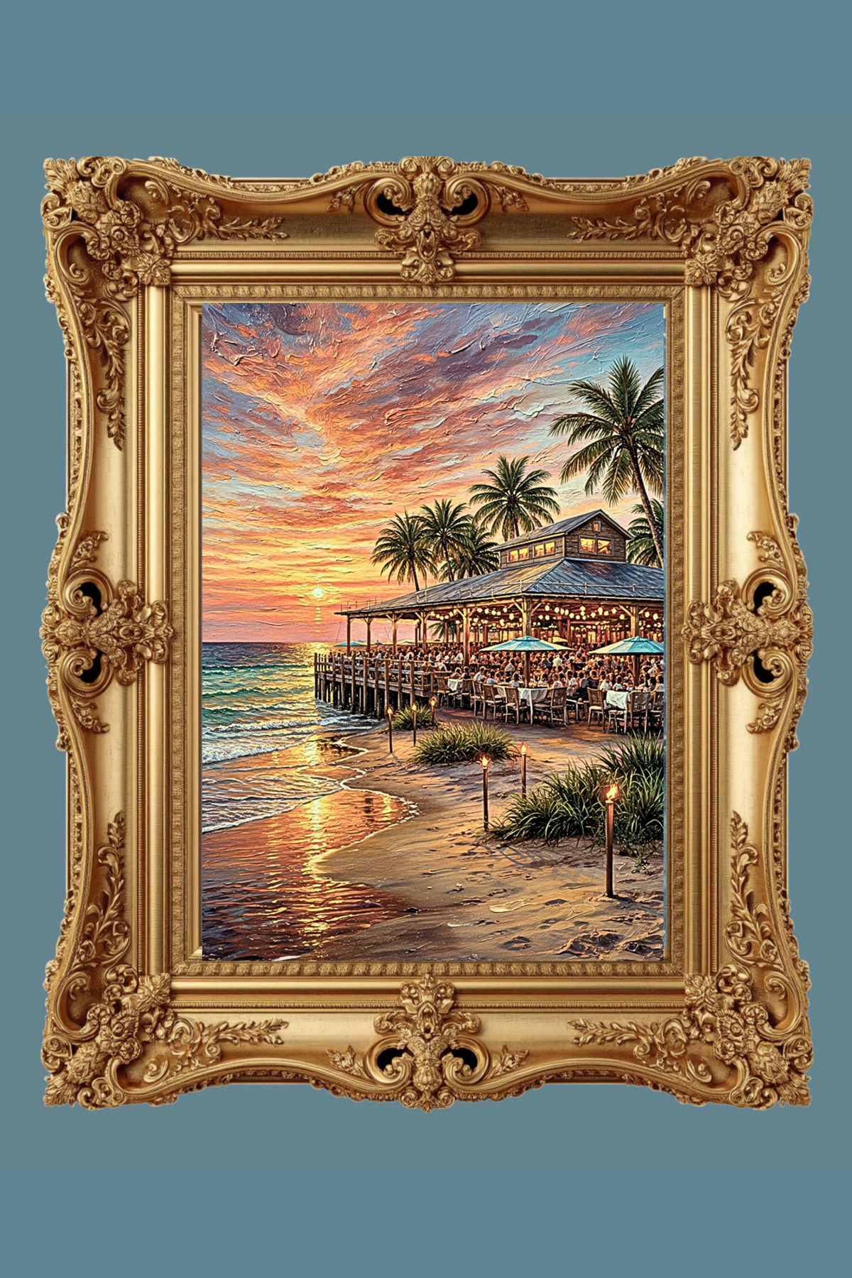 Beachside Dining At Sunset| Coastal Print| Vacation Art| Ocean Beach Print| Travel Poster| Giclee Paper- Wood- Metal- Canvas