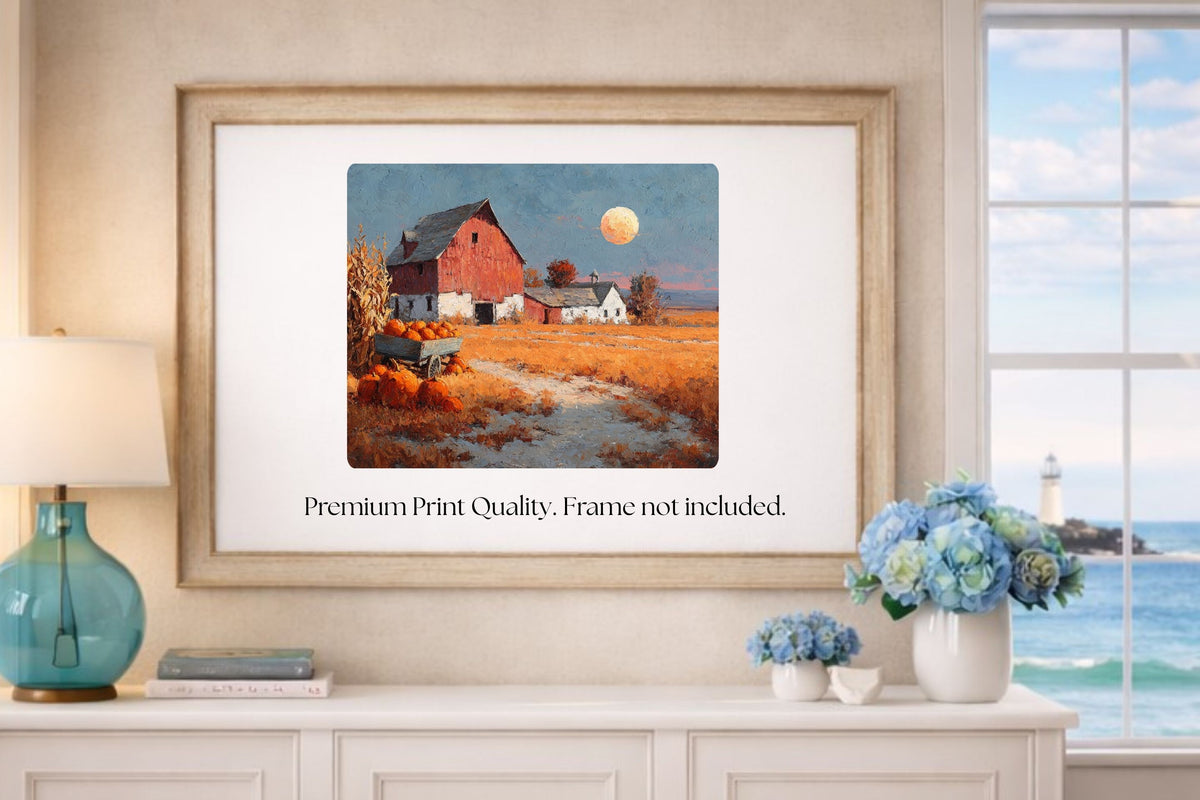 Harvest Moon at the Old Red Barn | Autumn Farmhouse Art | Prints, Canvas, Wood, or Metal