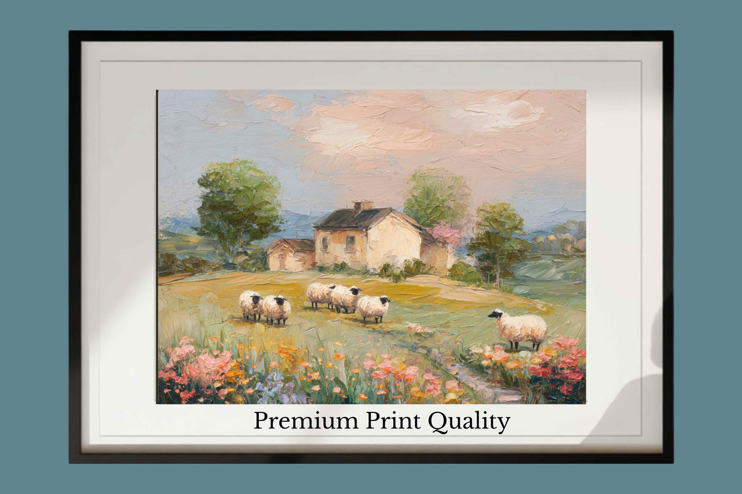 Cotswolds Sheep Farm – Impressionist English Countryside Painting, Sheep & Wildflowers Wall Art, Giclée on Canvas, Wood, Metal & Fine Art Paper