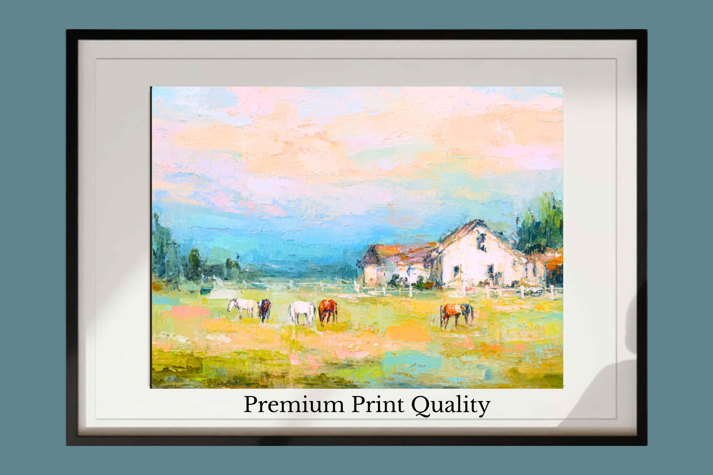 Spring Morning Stables – Pastel Impressionist Horse Farm Print, Equestrian Wall Art, Giclée on Canvas, Wood, Metal & Fine Art Paper