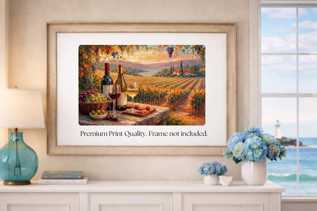 Golden Harvest Vineyard Terrace | Wine Country Sunset Landscape | Impressionist Vineyard Wall Art | Canvas Print | Giclée Paper | Wood & Metal Panels
